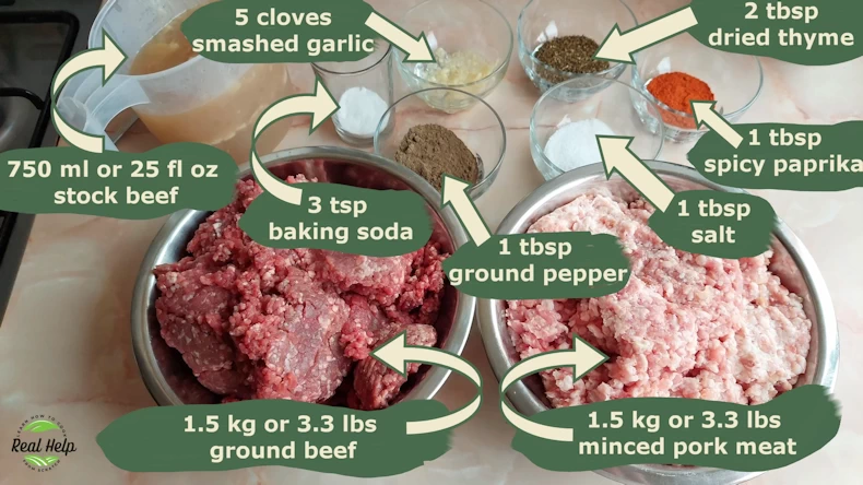 Romanian Mici Ingredients: Meat, Spices, and Herbs - Flavorful Mixture for Grilling